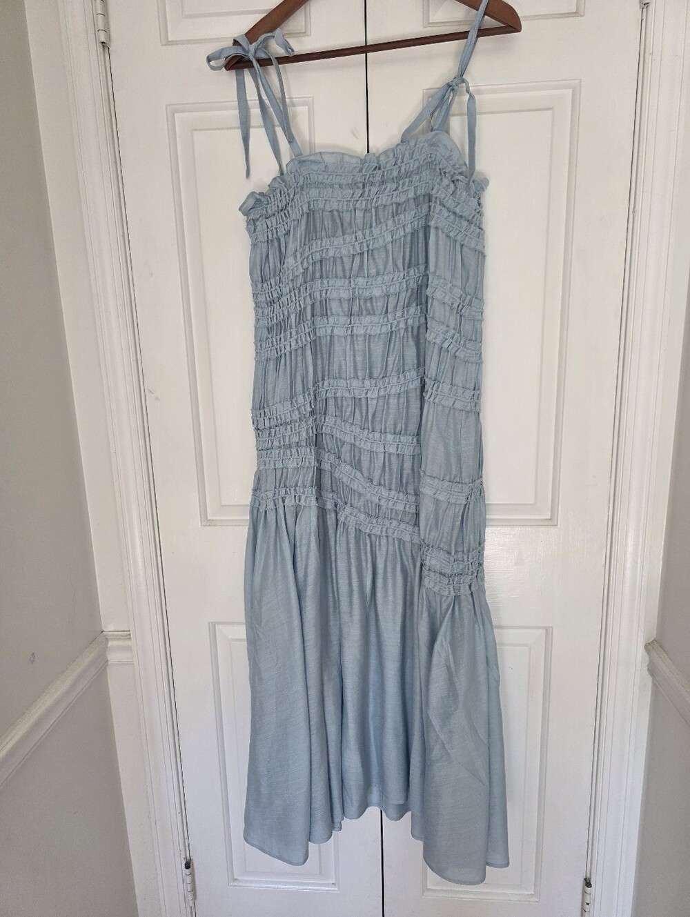Tory Burch Light Blue Smocked Tie-Shoulder Midi Dress - Picture 5 of 10